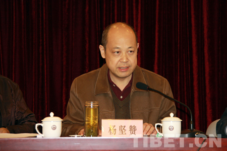 中国藏语系高级佛学院副院长杨坚赞在会上做汇报